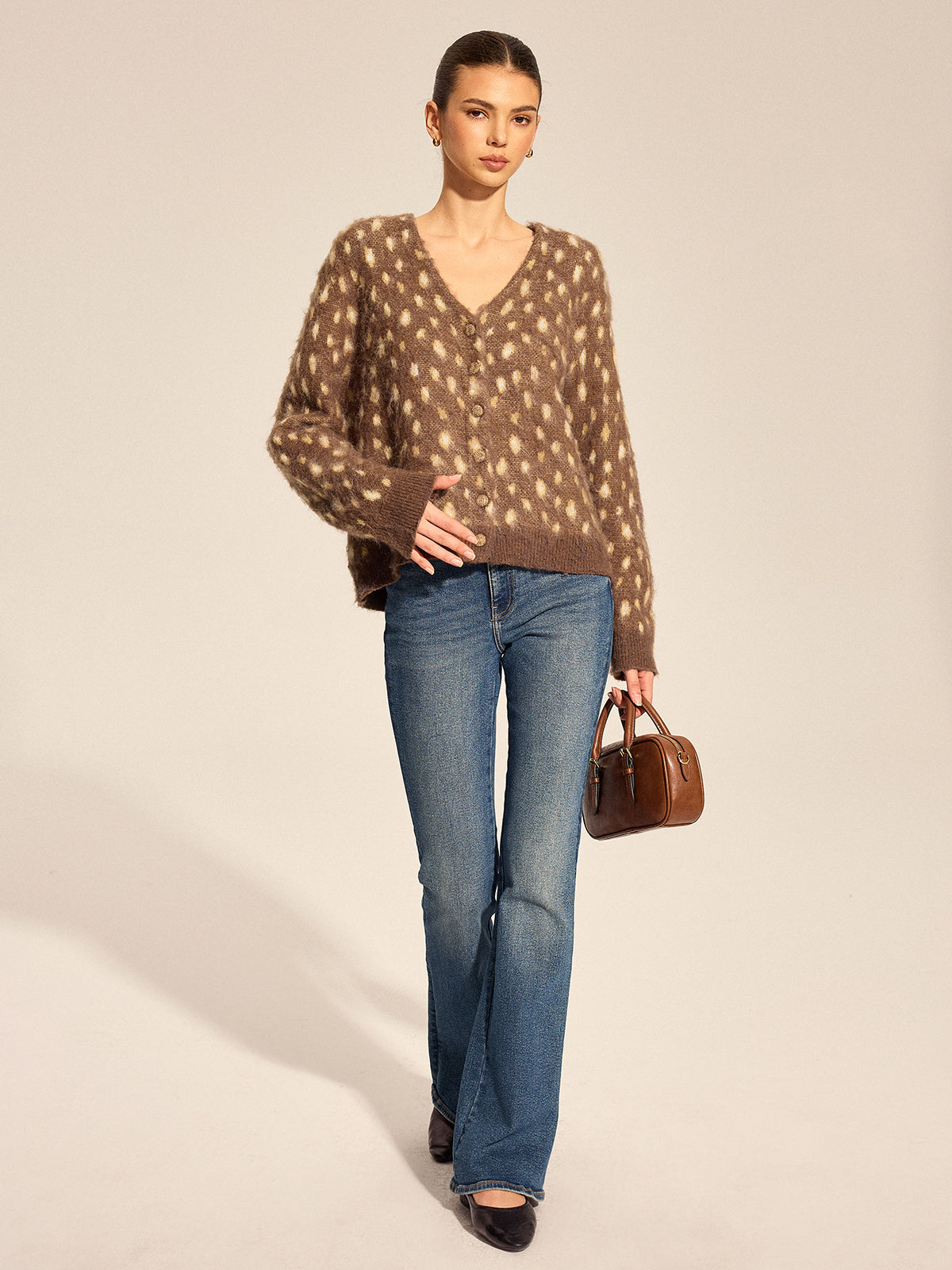 V Neck Spotted Fluffy Knit Cardigan