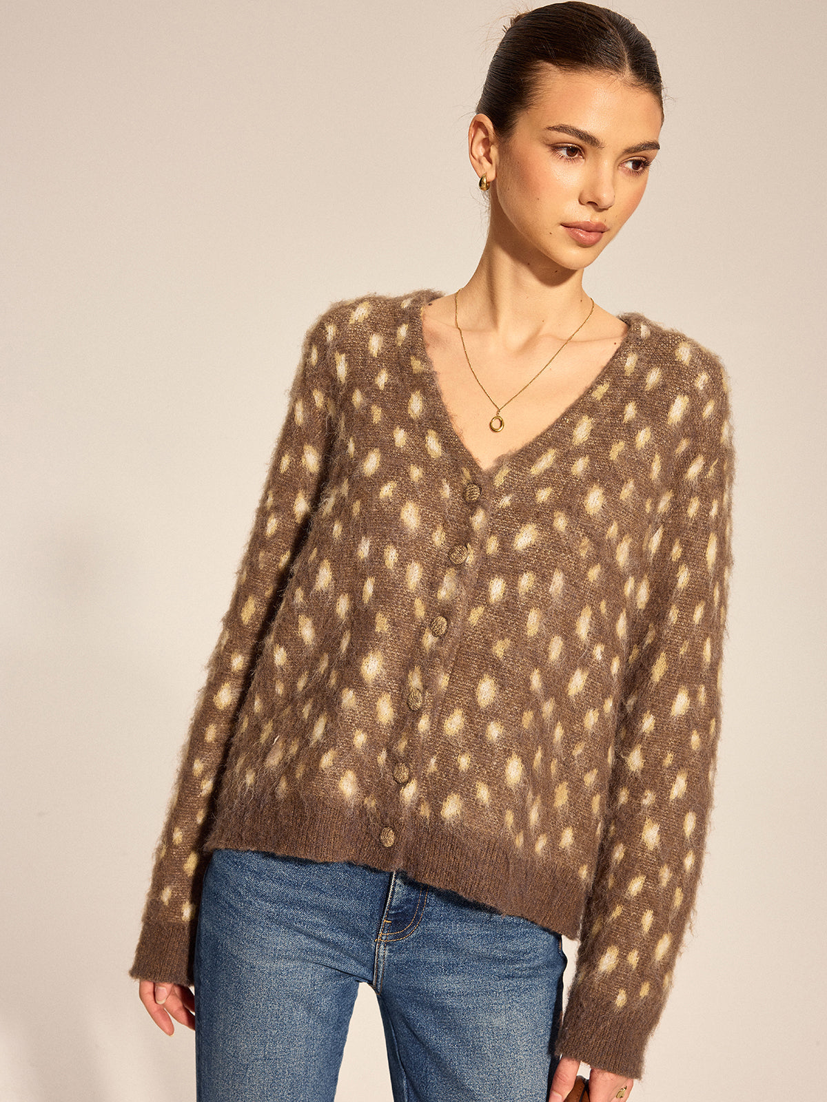 V Neck Spotted Fluffy Knit Cardigan