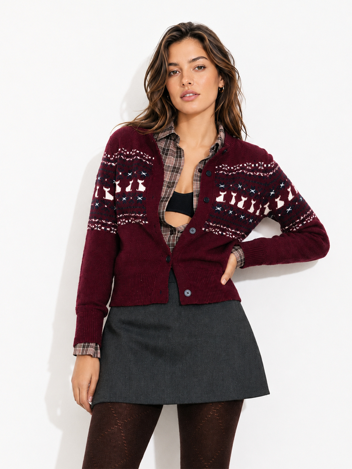 Cat Motif Fair Isle Knit Cardigan
