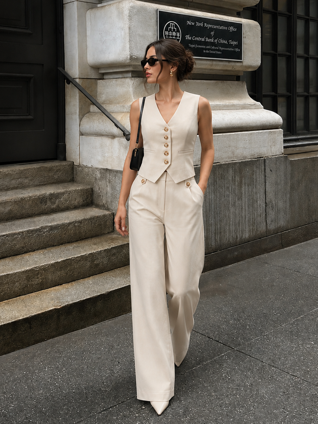 Conjunto de Chaleco Corto Entallado Cuello en V con Botones y Pantalón Ancho