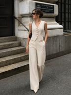 Conjunto de Chaleco Corto Entallado Cuello en V con Botones y Pantalón Ancho