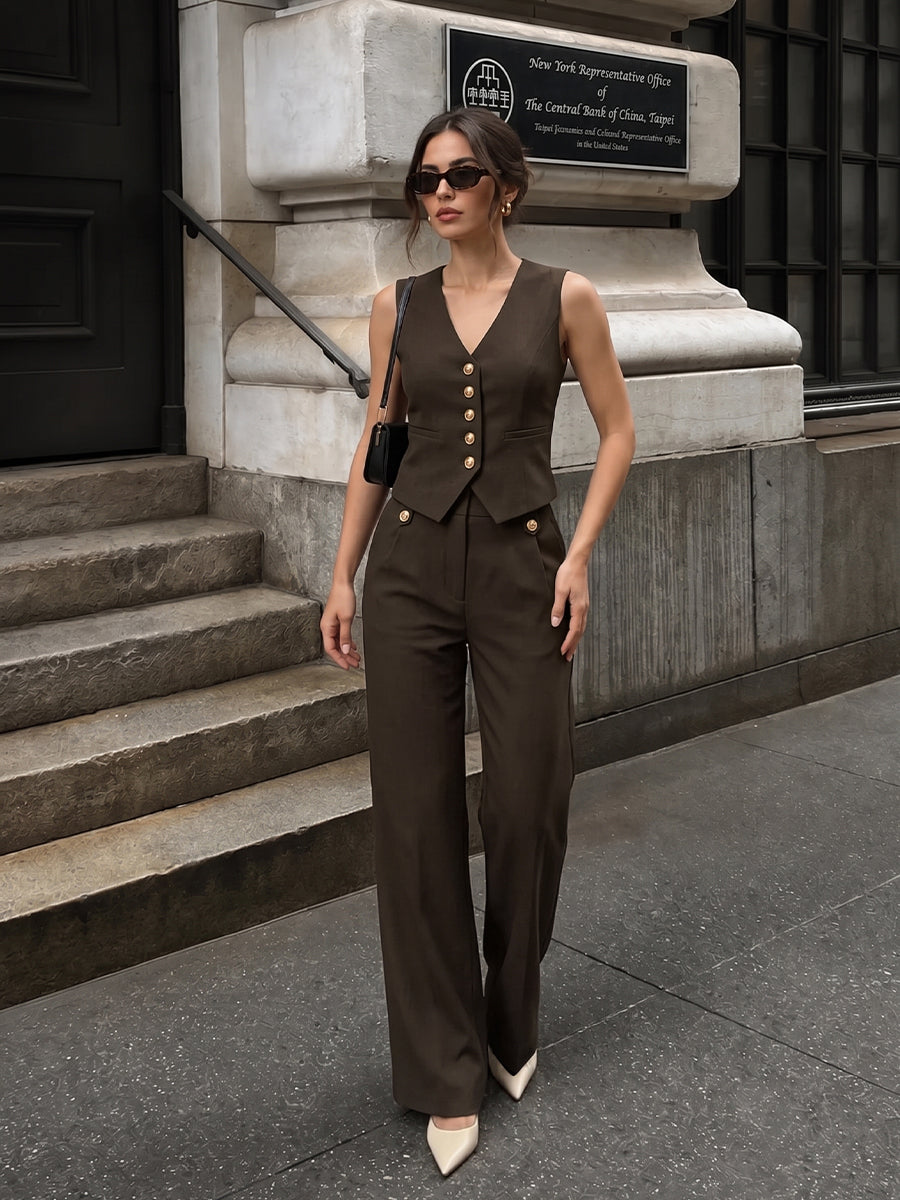 Conjunto de Chaleco Corto Entallado Cuello en V con Botones y Pantalón Ancho