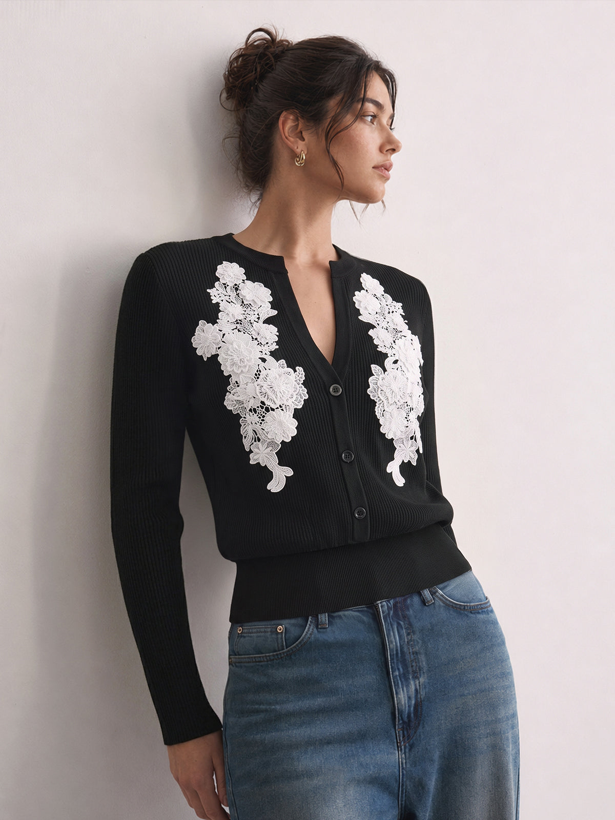 Floral Lace Applique Ribbed Knit Cardigan
