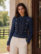 Military‑Style Braided Detail Tweed Blazer