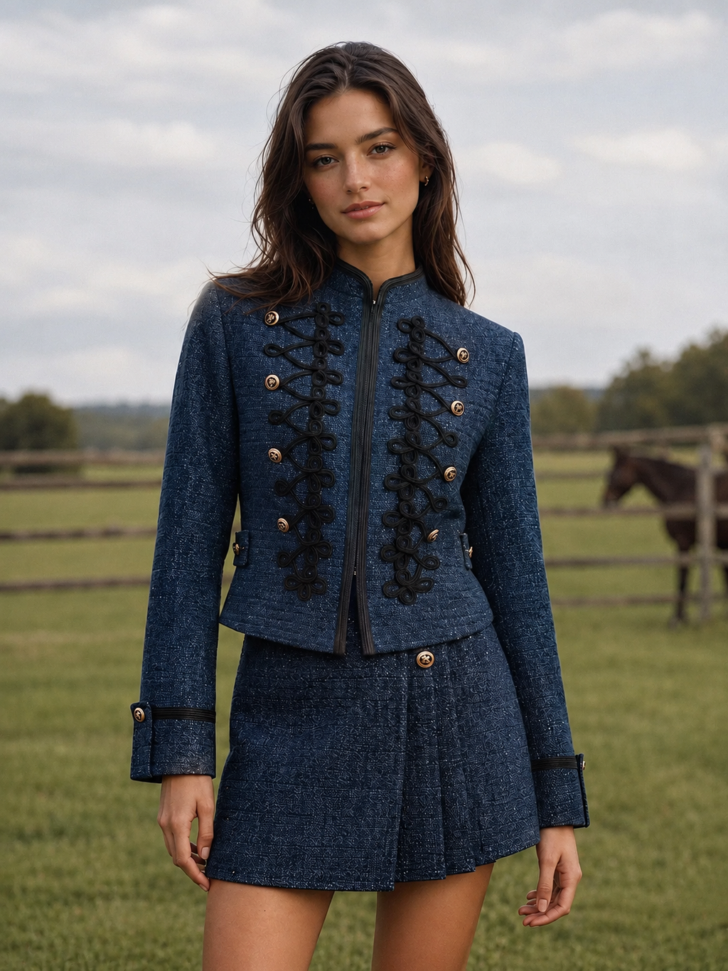 Military‑Style Braided Detail Tweed Blazer