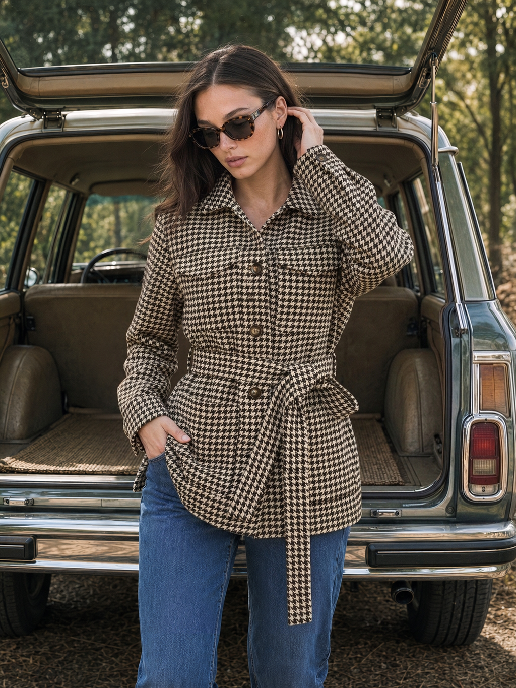Houndstooth Belted Waist Shirt Jacket
