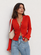 Ruffled Trim Button-Front Long Sleeve Cardigan