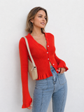 Ruffled Trim Button-Front Long Sleeve Cardigan