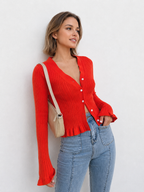 Ruffled Trim Button-Front Long Sleeve Cardigan