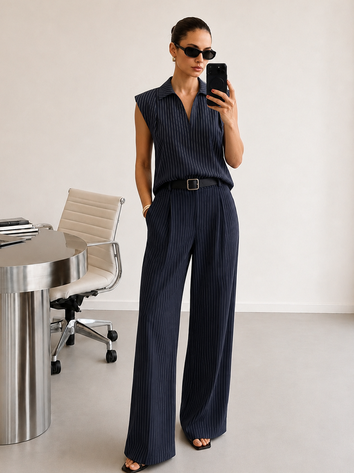 Conjunto de Camisa Sin Mangas y Pantalón de Raya Diplomática