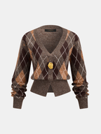 Metal Button Argyle Wool Blend Cardigan