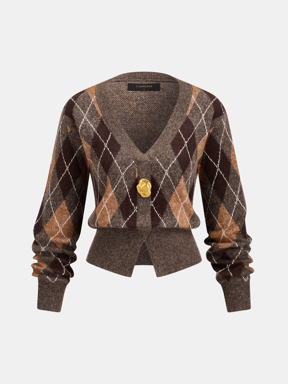 Metal Button Argyle Wool Blend Cardigan
