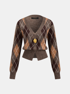 Metal Button Argyle Wool Blend Cardigan