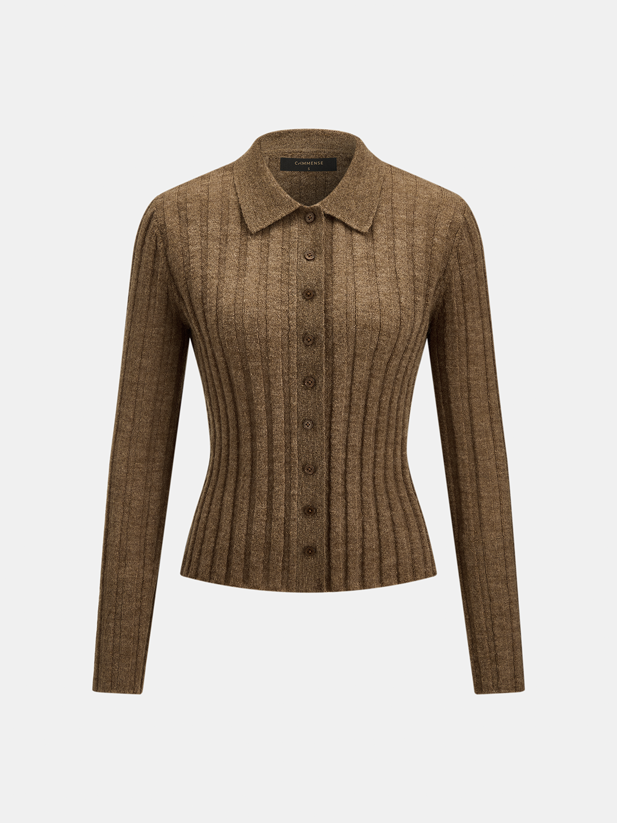 Collared Wool Blend Ribbed Knit Cardigan