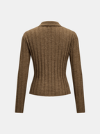 Collared Wool Blend Ribbed Knit Cardigan