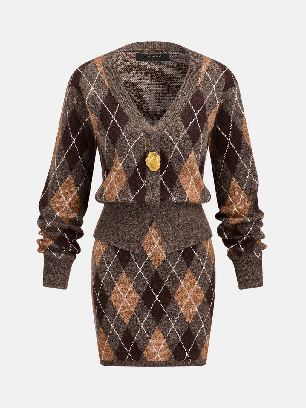 Metal Button Argyle Wool Blend Cardigan