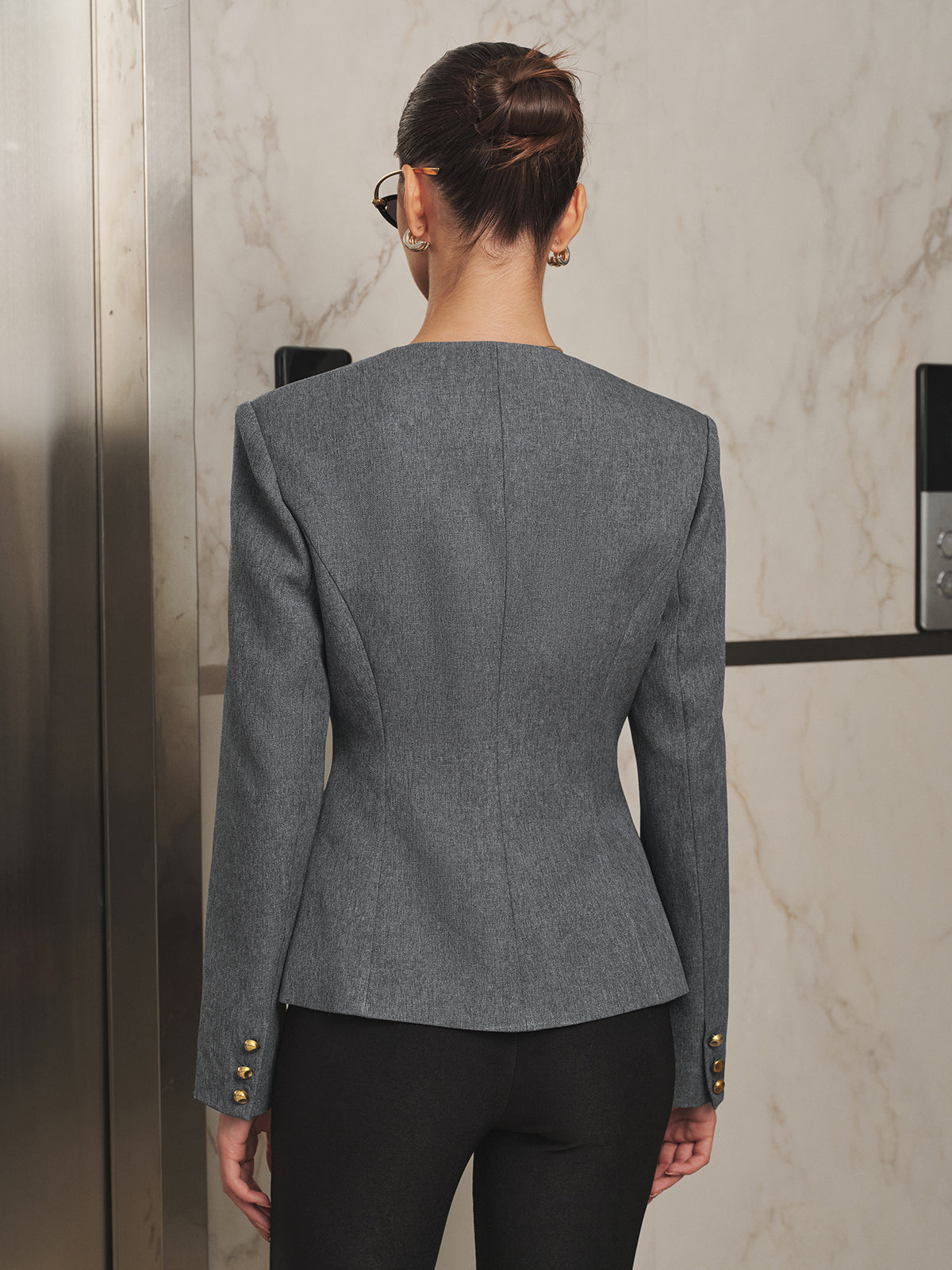 Tailored V‑Neck Metal Button Slim Fit Blazer