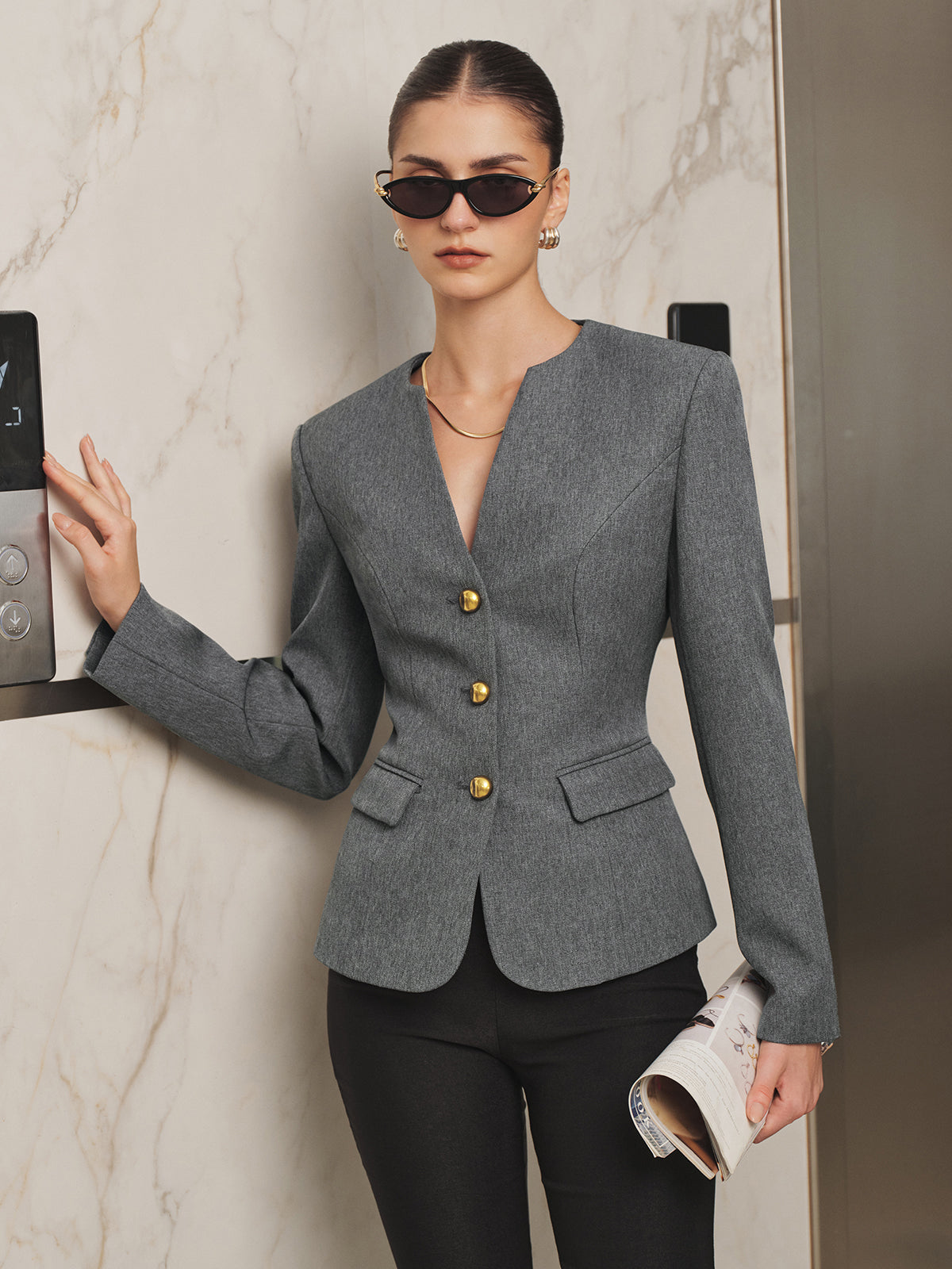 Tailored V‑Neck Metal Button Slim Fit Blazer