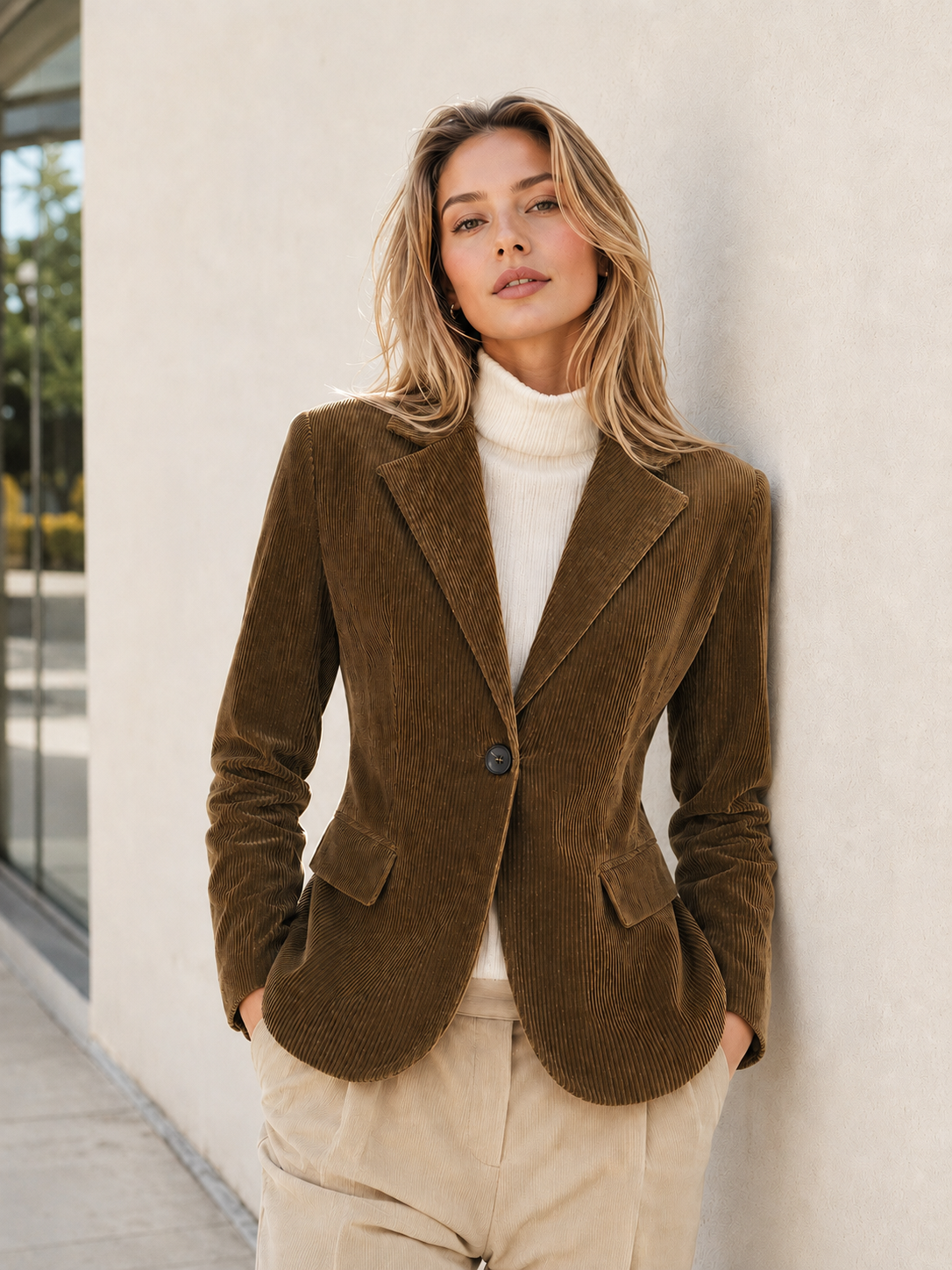Corduroy Wide-Shoulder Fitted Blazer