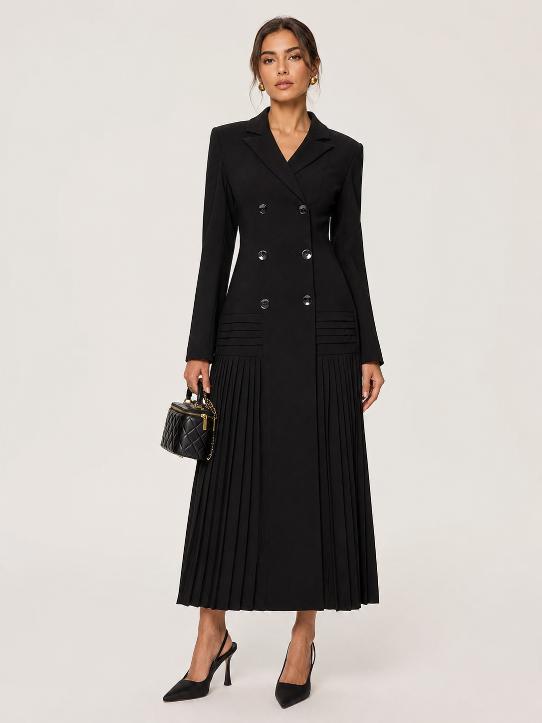 Pleated Hem Double-Breasted Blazer Coat
