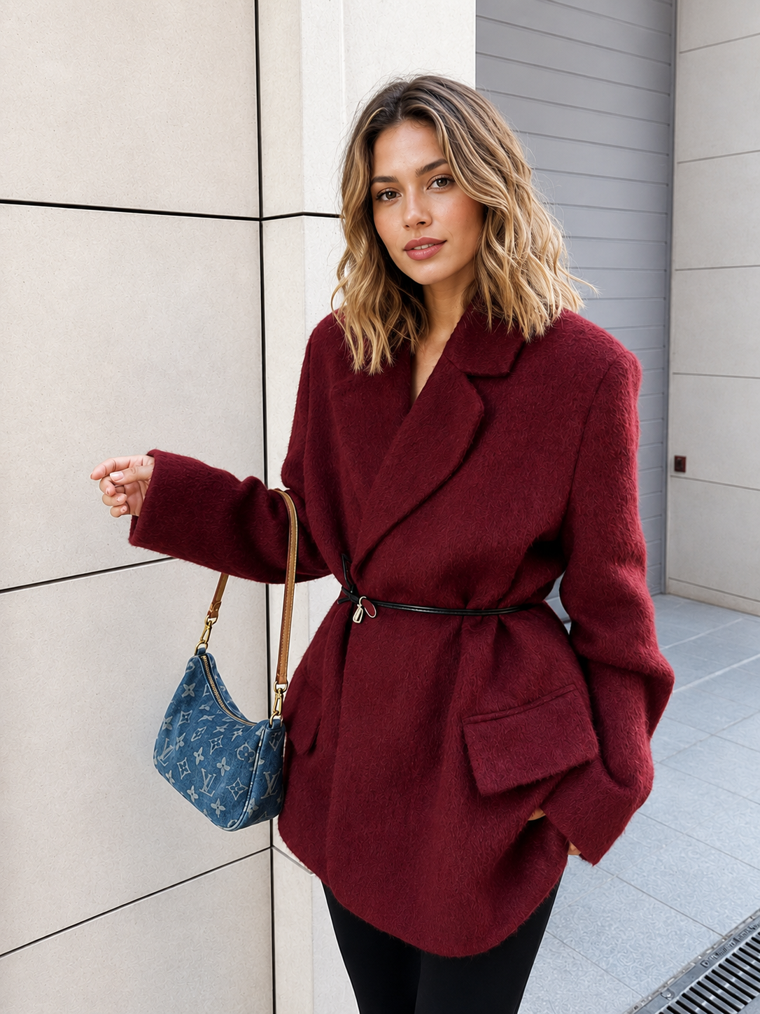 Wool-Blend Belted Blazer With Shoulder Pads