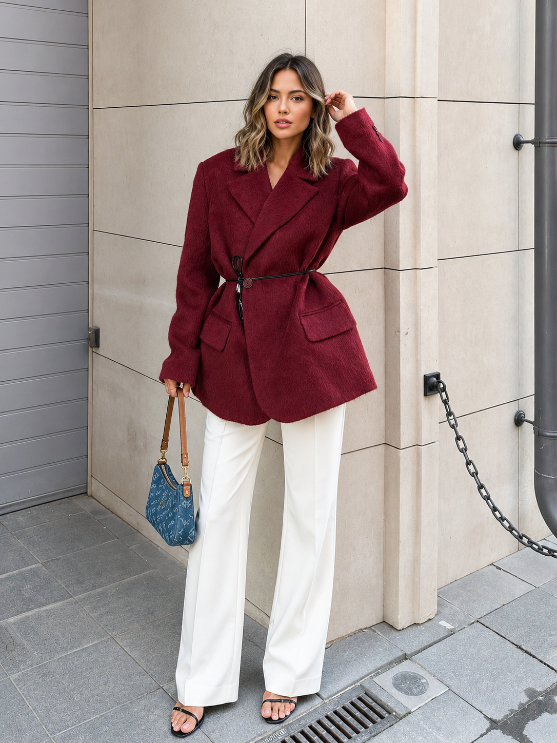 Wool-Blend Belted Blazer With Shoulder Pads