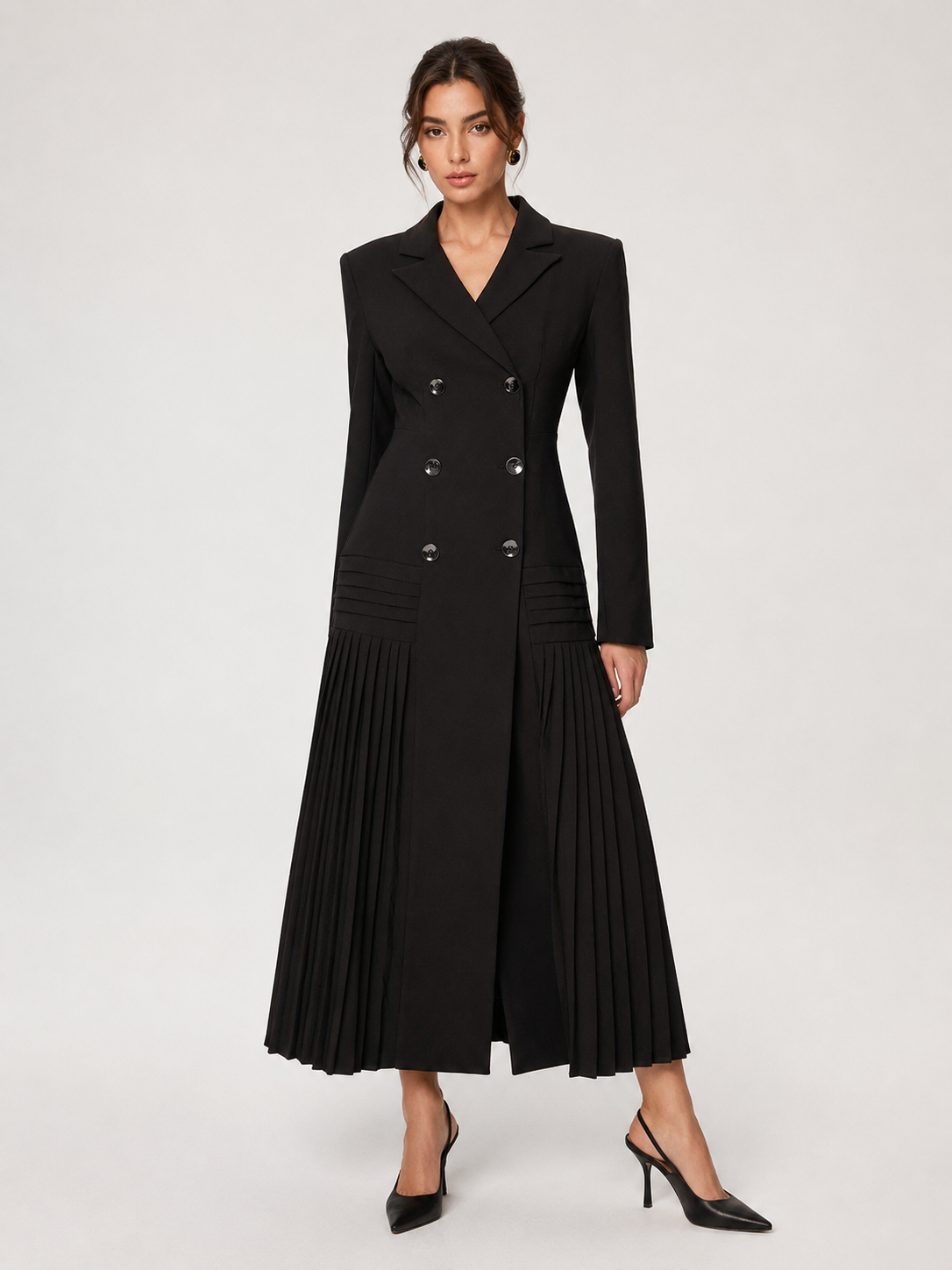 Pleated Hem Double-Breasted Blazer Coat