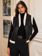 Shearling Trim Zip-Up Faux Leather Vest