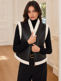 Shearling Trim Zip-Up Faux Leather Vest