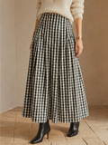 Falda Midi Plisada de Cuadros Vichy de Cintura Alta