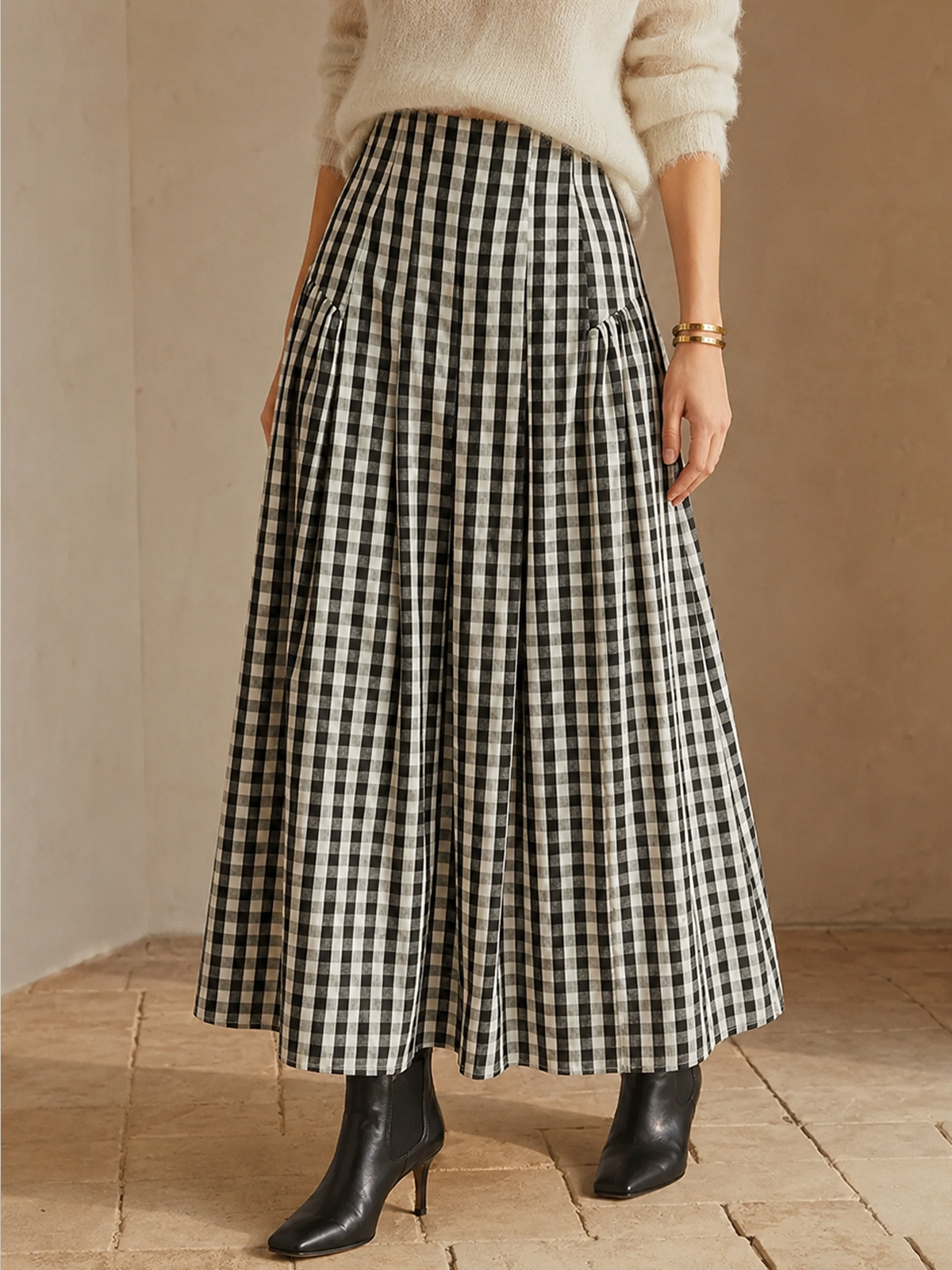 Falda Midi Plisada de Cuadros Vichy de Cintura Alta