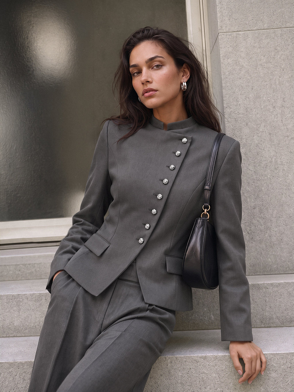 Stand Collar Asymmetric Button Tailored Jacket
