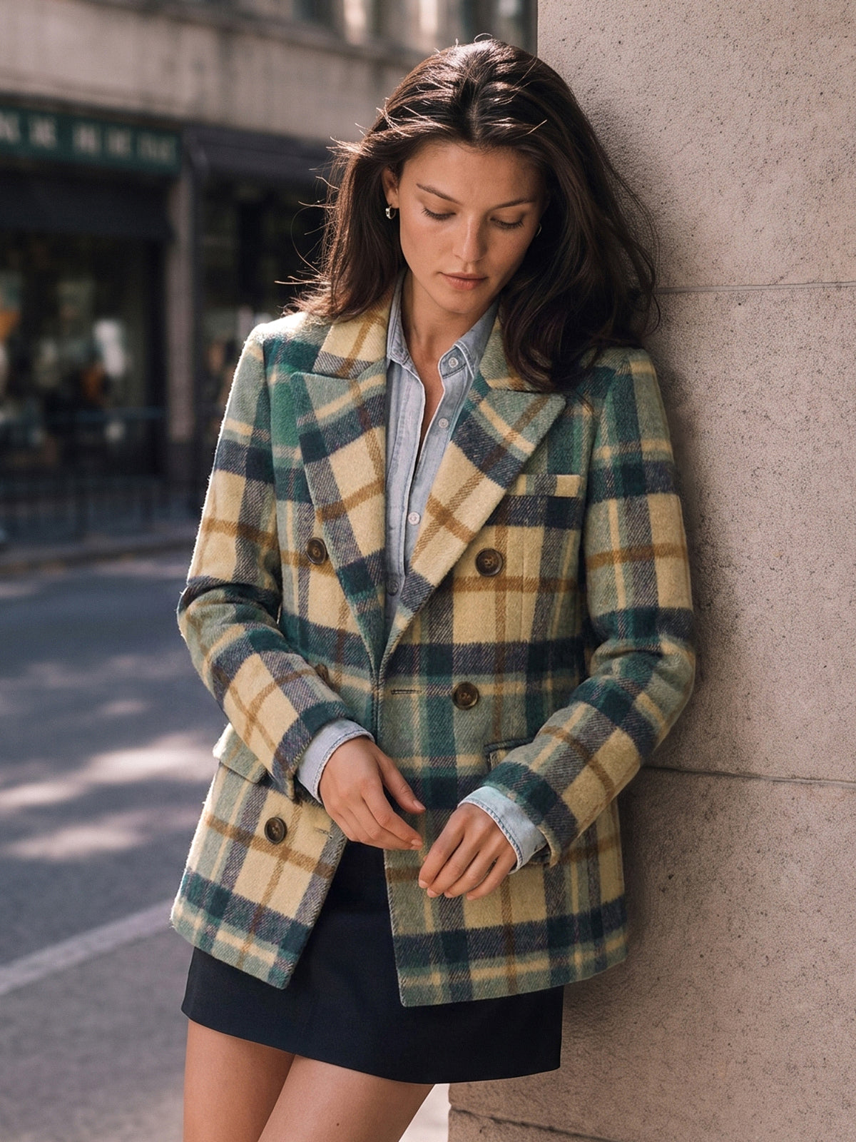 Multi‑Color Plaid Tailored Double‑Breasted Blazer