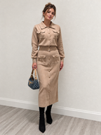 Metal Button Collared Cardigan and Midi Skirt Set