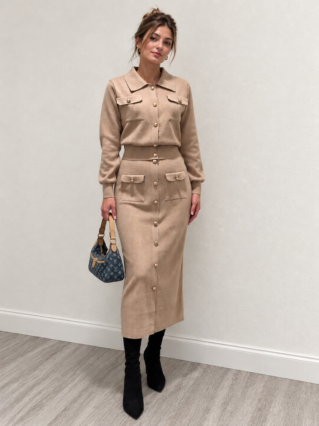 Metal Button Collared Cardigan and Midi Skirt Set