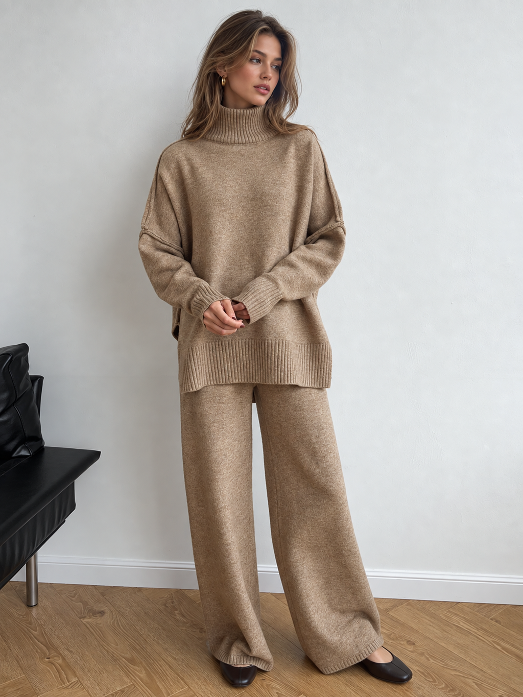Conjunto de Cuello Alto Liso de Punto y Pantalón