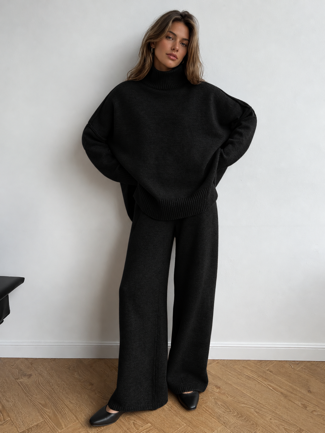 Conjunto de Cuello Alto Liso de Punto y Pantalón