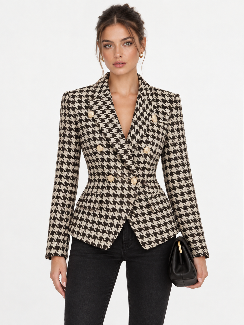 Metal Button Houndstooth Tweed Blazer