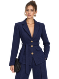 Metal Button Tweed Belted Blazer