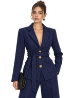 Metal Button Tweed Belted Blazer