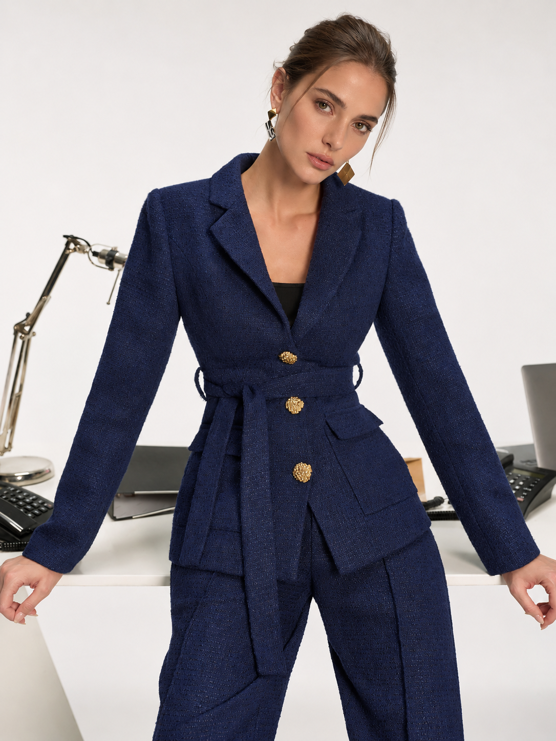 Metal Button Tweed Belted Blazer