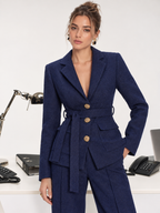 Metal Button Tweed Belted Blazer