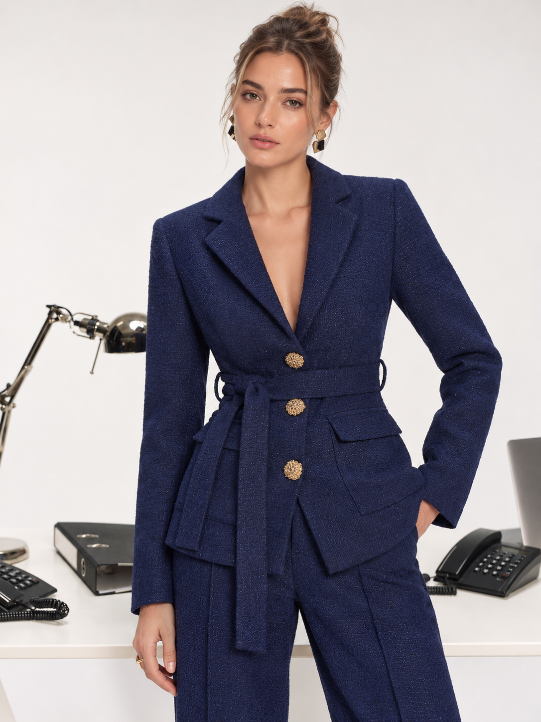 Metal Button Tweed Belted Blazer