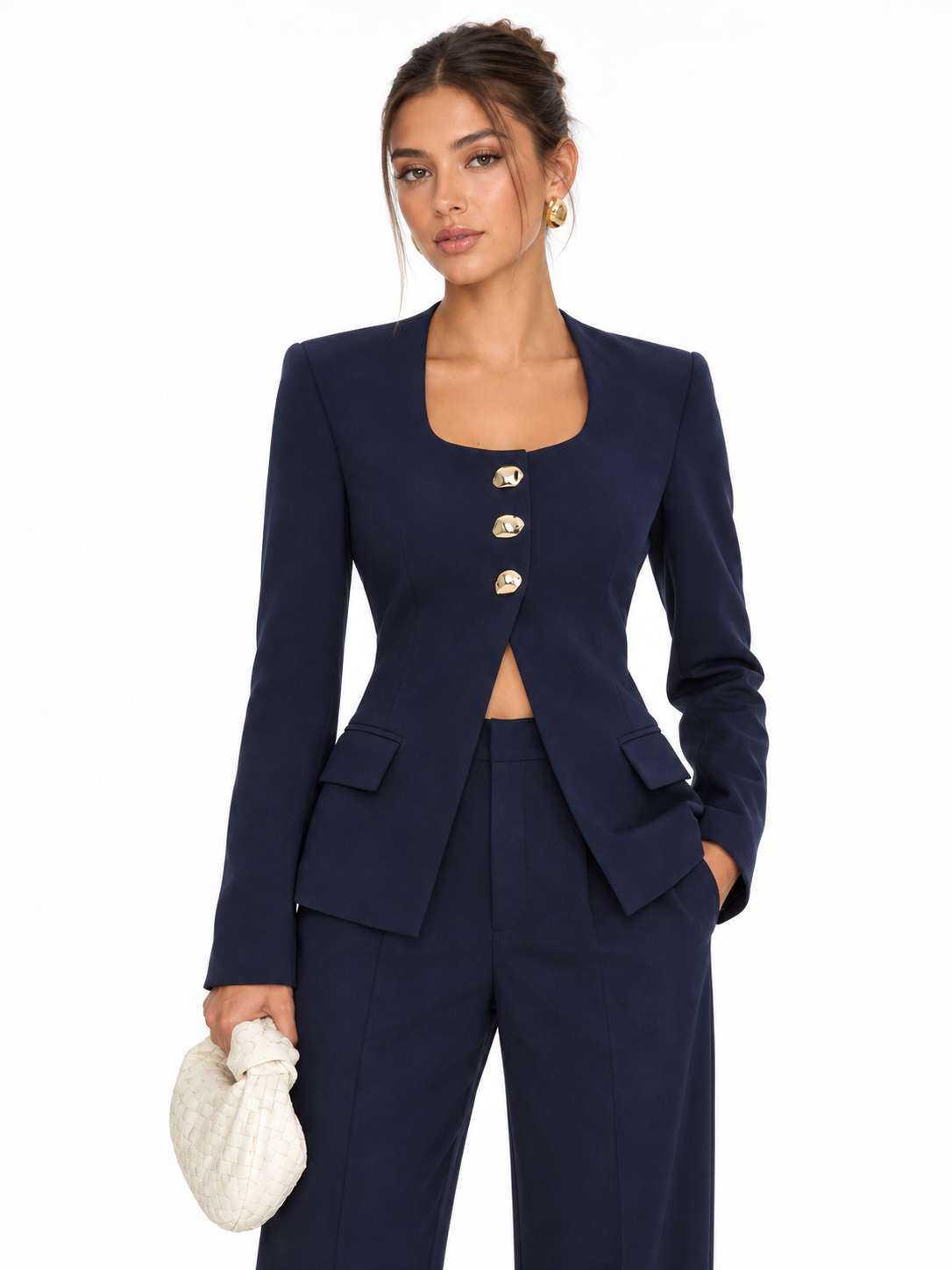 Metal Button Square Neck Blazer