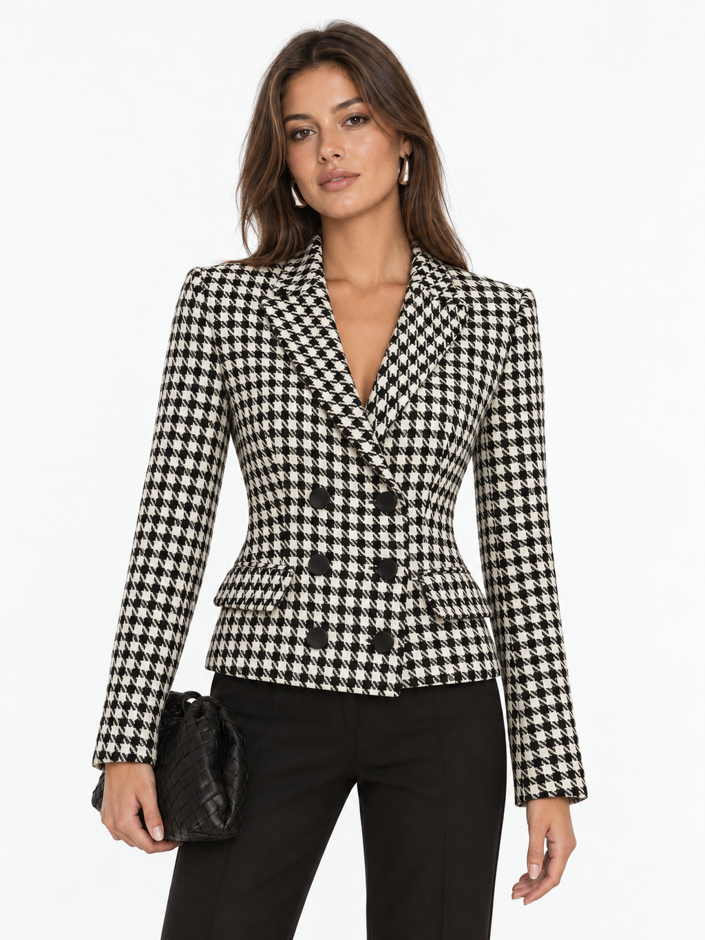 Houndstooth Tweed Double-Breasted Blazer