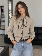 Tie Neck Contrast Trim Wool Blend Cardigan