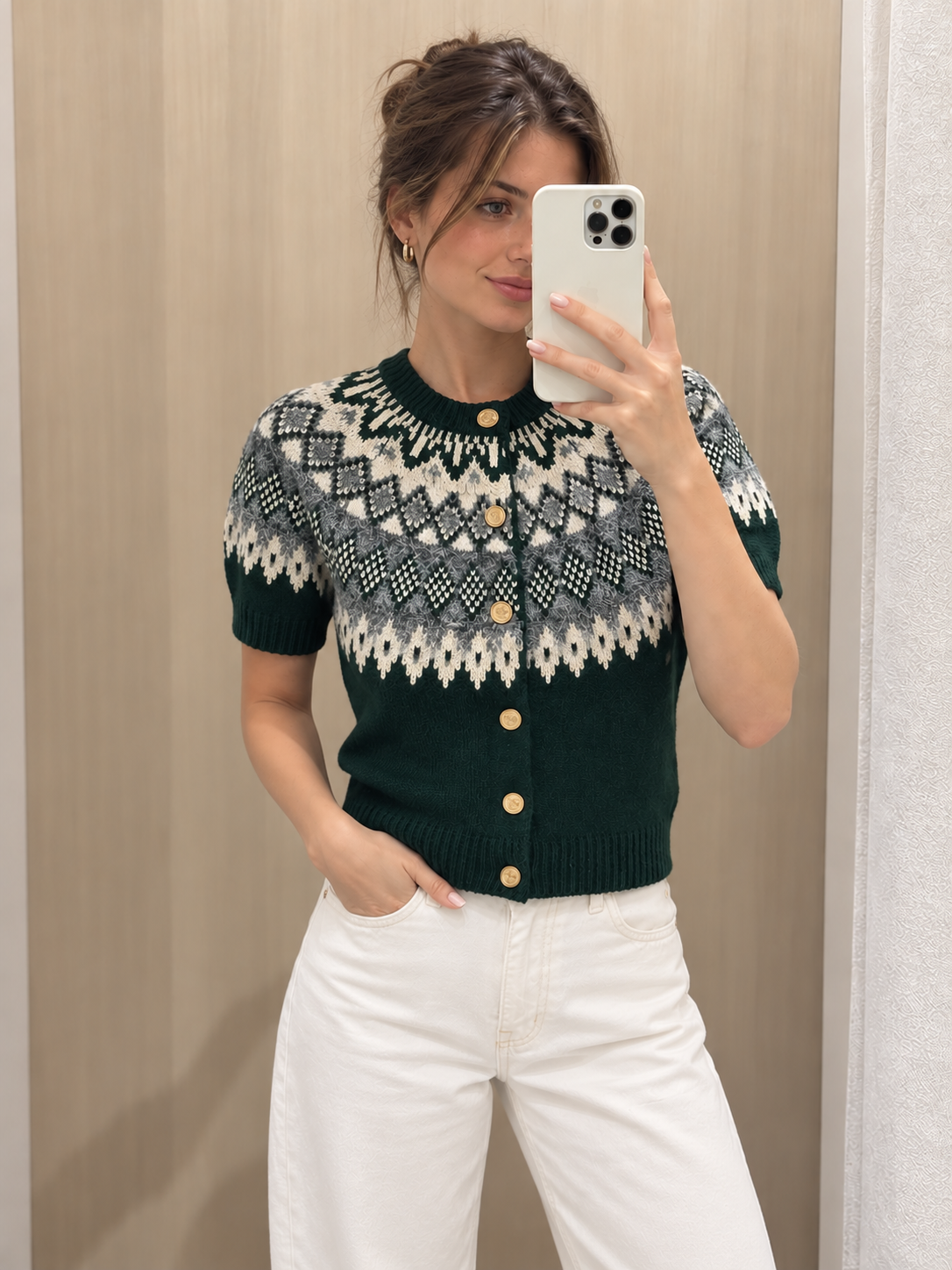 Cashmere-Blend Fair Isle Short-Sleeve Cardigan