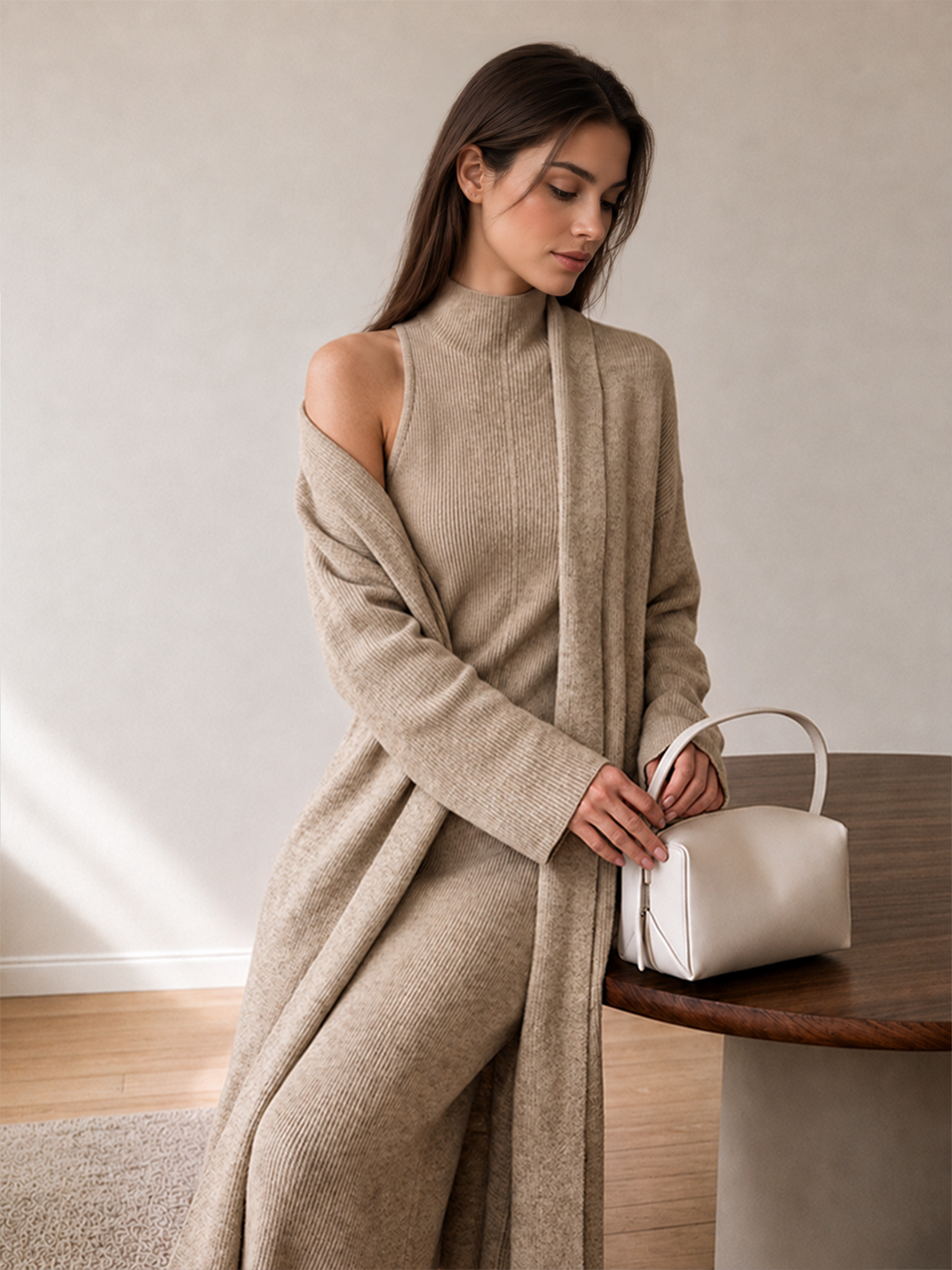 Long Knit Cardigan Turtleneck Dress Two‑Piece Set