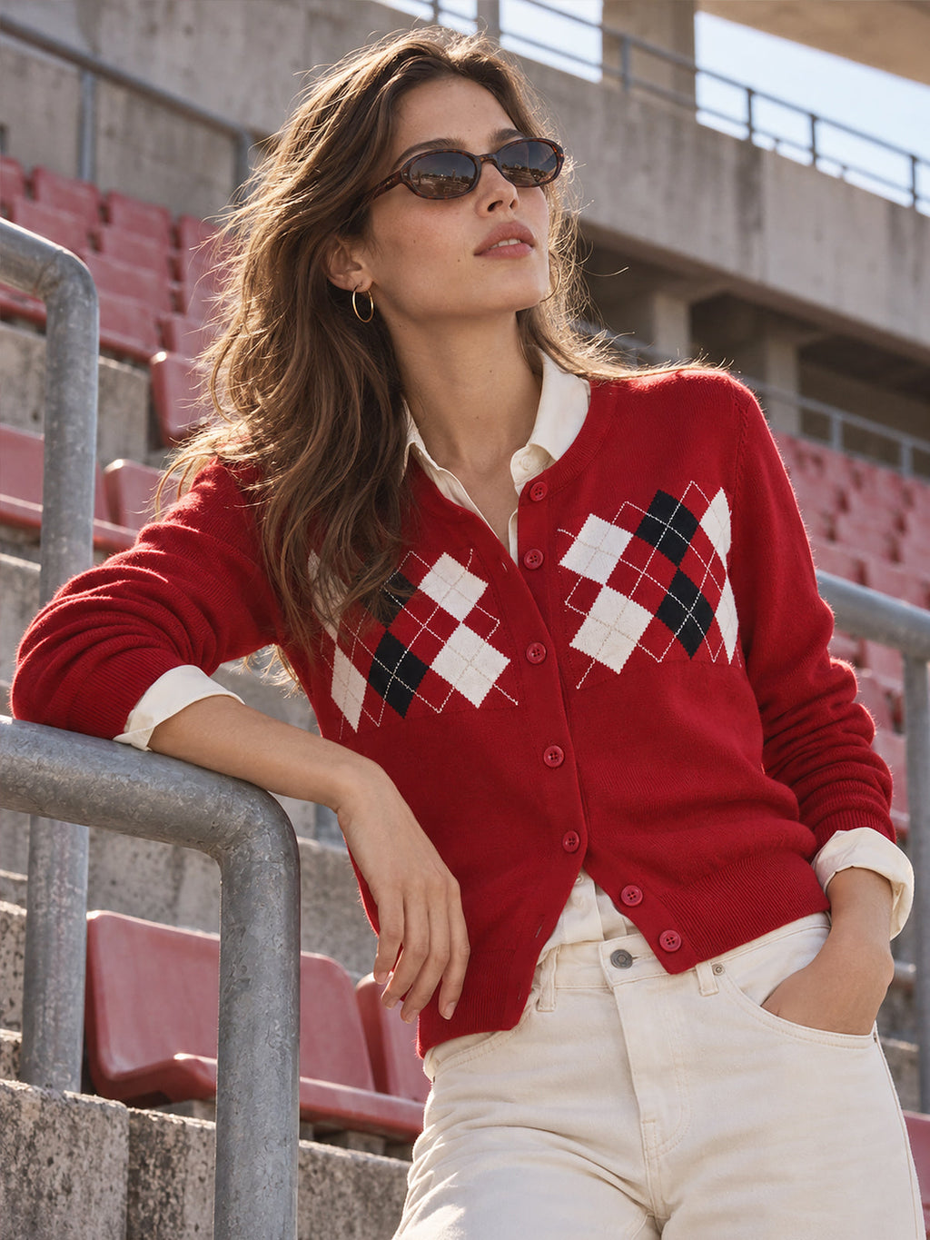 Argyle Pattern Patchwork Knit Cardigan