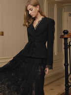 Lace Trim V‑Neck Belted Blazer